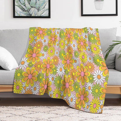 Vintage 70s Flower Power Orange, Pink & Yellow Retro Daisy Throw Blanket