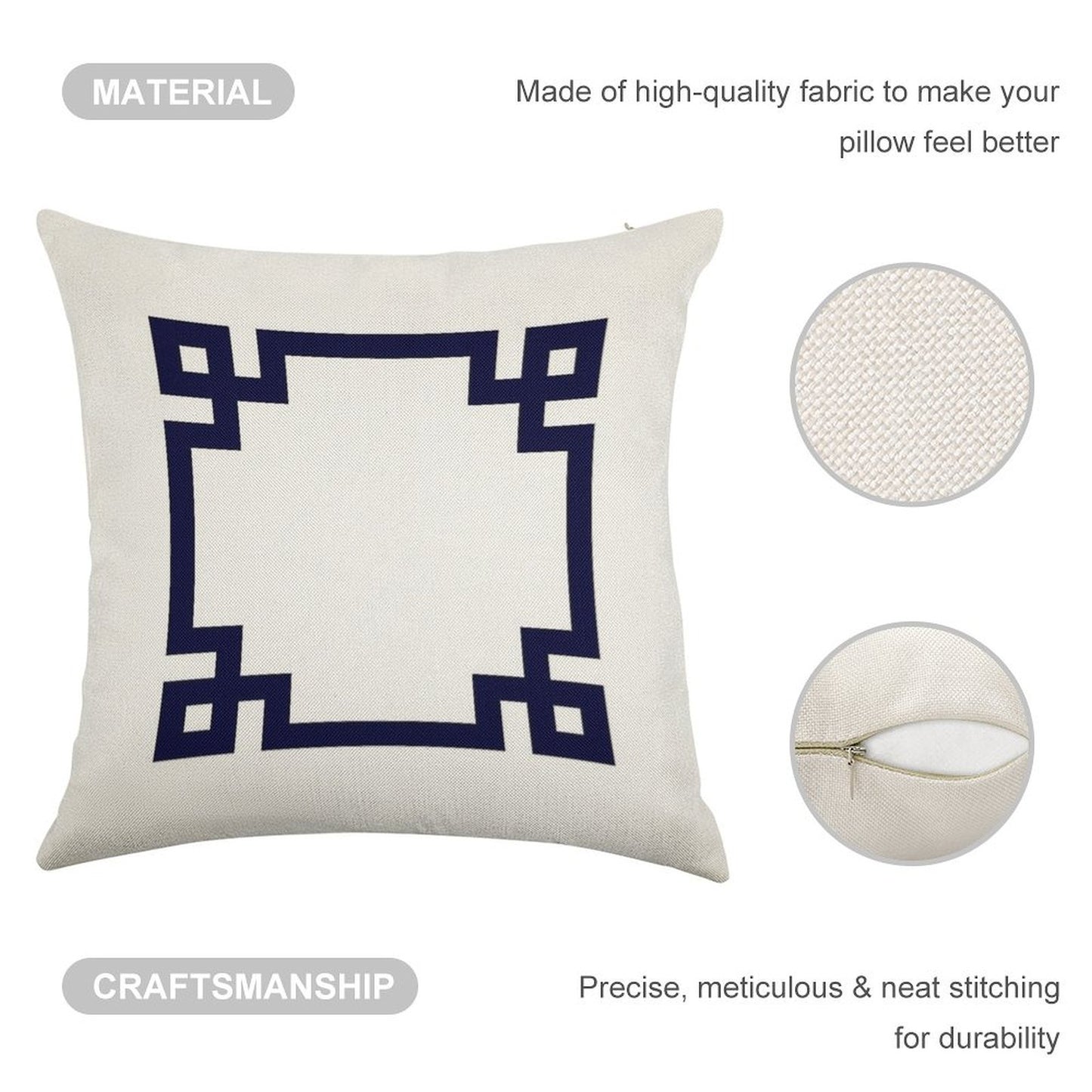 Navy Blue Greek Key Square On White Linen Throw Pillow Cover