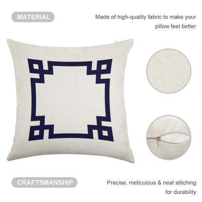 Navy Blue Greek Key Square On White Linen Throw Pillow Cover