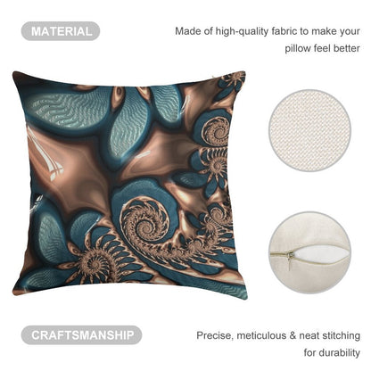 Teal And Chocolate Swirl - Blue Brown Fractal Spirals Linen Throw Pillow Cover