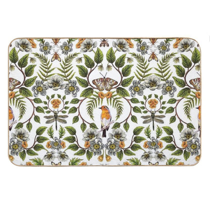 Spring Reflection - FloralBotanical Pattern W Birds, Moths, Dragonflies & Flowers Bath Mat