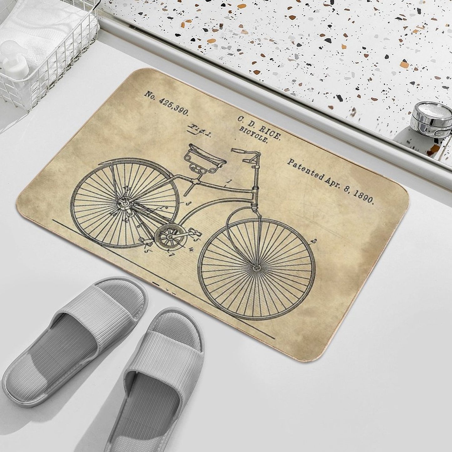 Antique Bicycle Blueprint Patent Drawing Plan, Industrial Farmhouse Bath Mat
