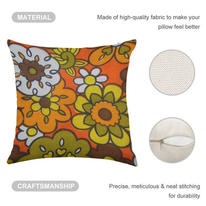 Retro Cool Mid Century Floral Fabric Design in Avocado Green, Harvest Gold, Brown, And Orange Linen Throw Pillow Cover