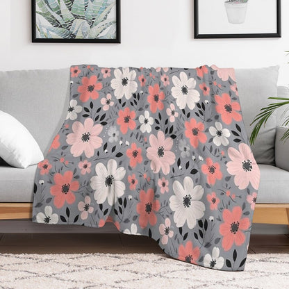 Pink Salmon White Grey Flowers Grey Background Pattern Throw Blanket