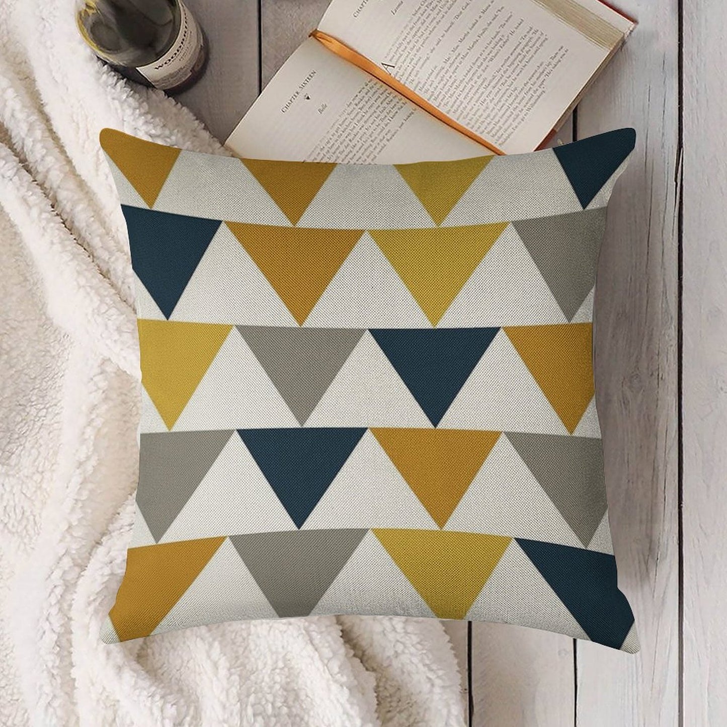 Arrows Light Mustard Yellow, Dark Mustard Yellow, Dark Blue, Grey, And White Geometric Pattern Linen Throw Pillow Cover
