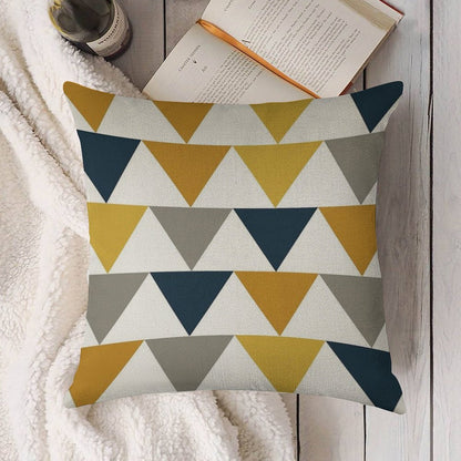 Arrows Light Mustard Yellow, Dark Mustard Yellow, Dark Blue, Grey, And White Geometric Pattern Linen Throw Pillow Cover