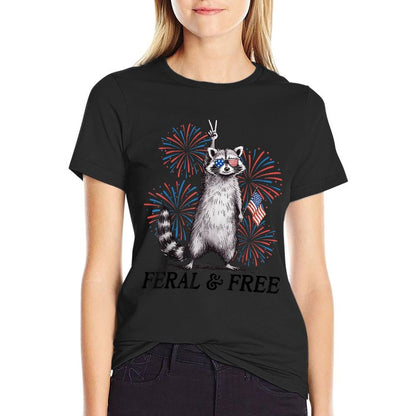 Feral & Free Funny Patriotic Racoon Feral And Free 4th July  Quick-drying T-Shirt