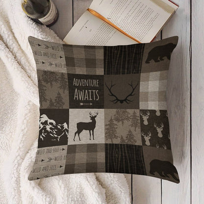 Adventure Patchwork - BrownBeige Linen Throw Pillow Cover
