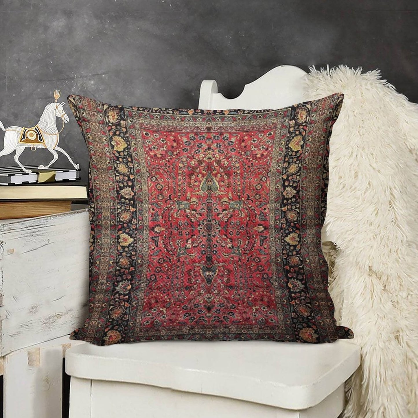 Antique Persian Red Rug Linen Throw Pillow Cover