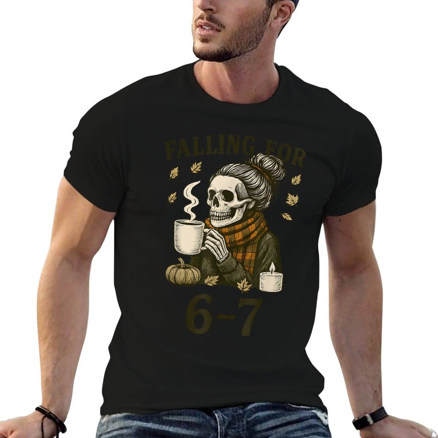 Funny 67 Skeleton Messy Bun Womens Fall Autumn Six Seven  Slim-fit Cut T-Shirt