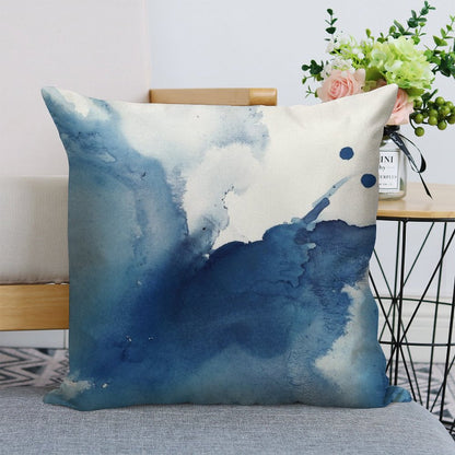 Indigo Blue Sea, Abstract Ink Painting Linen Throw Pillow Cover