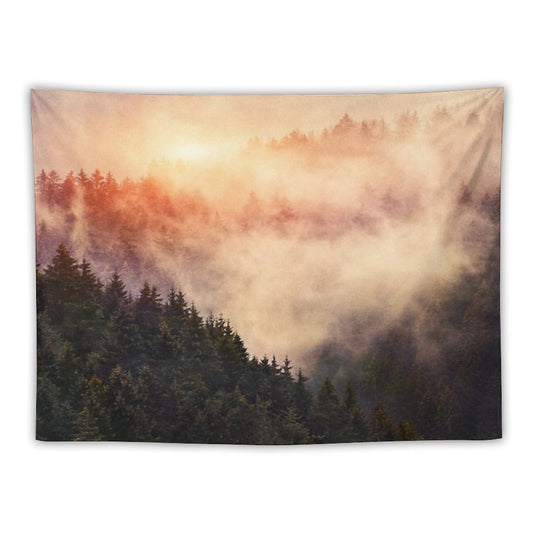 In My Other World  Sunrise In A Romantic Misty Foggy Autumn Fairytale Wilderness Forest With Trees Covered In Fog And Sunlight Tapestry