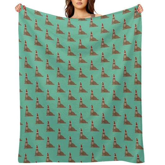 Christmas Walruses on Blue Throw Blanket