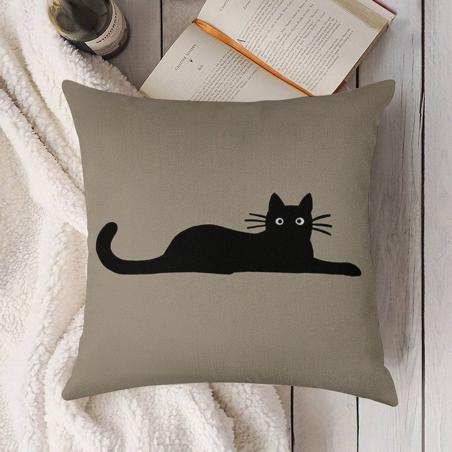 Black Cat Linen Throw Pillow Cover