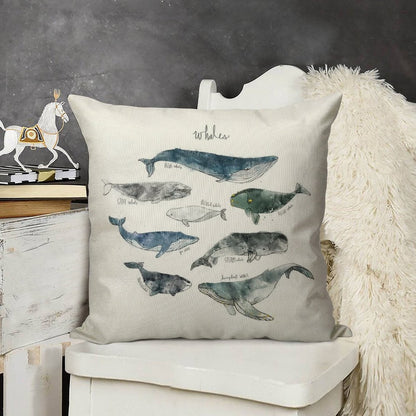 Whales Linen Throw Pillow Cover