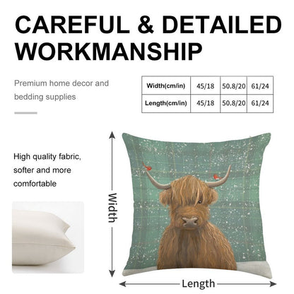 Scottish Highland Cow Winter Robins Tartan Linen Throw Pillow Cover