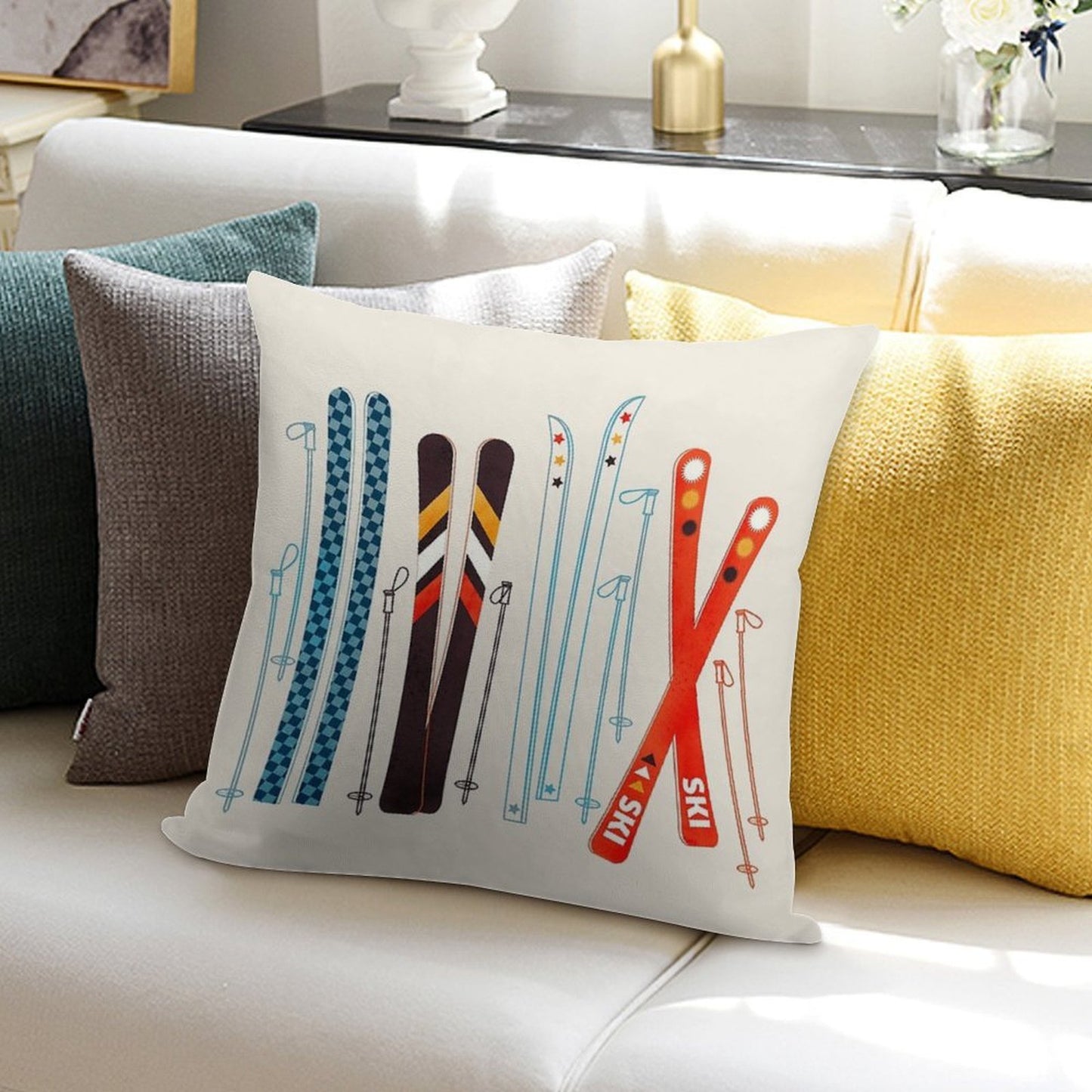 Colorful Retro Ski Illustration Soft Reinforced Edging Throw Pillow