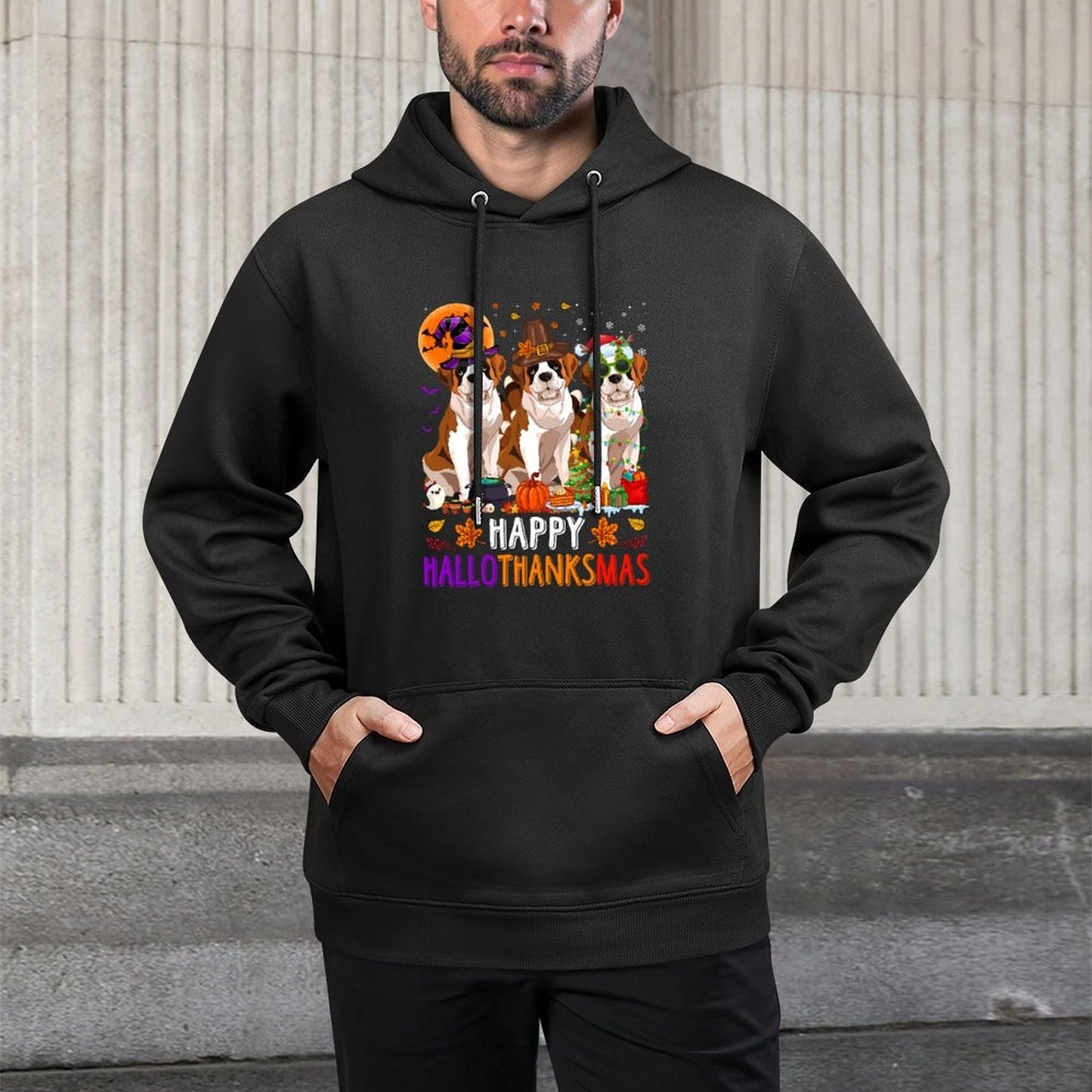Happy Hallothanksmas Bernard Dog Halloween Christmas Medium-Weight Fabric Hoodie