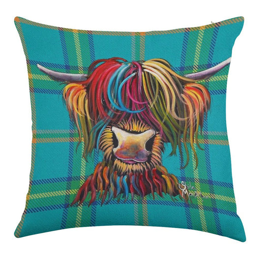 SCoTTiSH HiGHLaND CoW ' TaRTaN NeLLY B ' by SHiRLeY MacARTHuR Linen Throw Pillow Cover