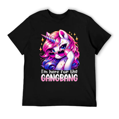 Embarrassing Crude Humor Adult Raunchy Gag I&#39;M HERE FOR THE GANGBANG Funny Inappropriate Sex Humor Joke Unisex-Adults Purple T-Shirt