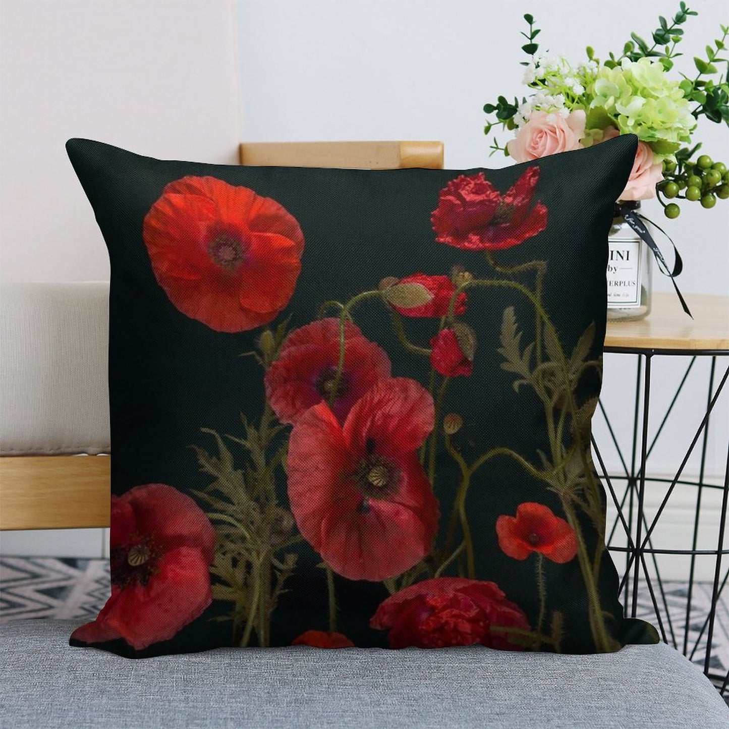Red Poppies On Black Linen Throw Pillow Cover