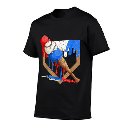4th of July Red White And Blue Baseball Ice Cream Drip Boys  Oversized Silhouette T-Shirt
