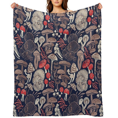 Mystical Fungi  Midnight Blue Background Brown Red And Coral Wild Mushrooms Throw Blanket
