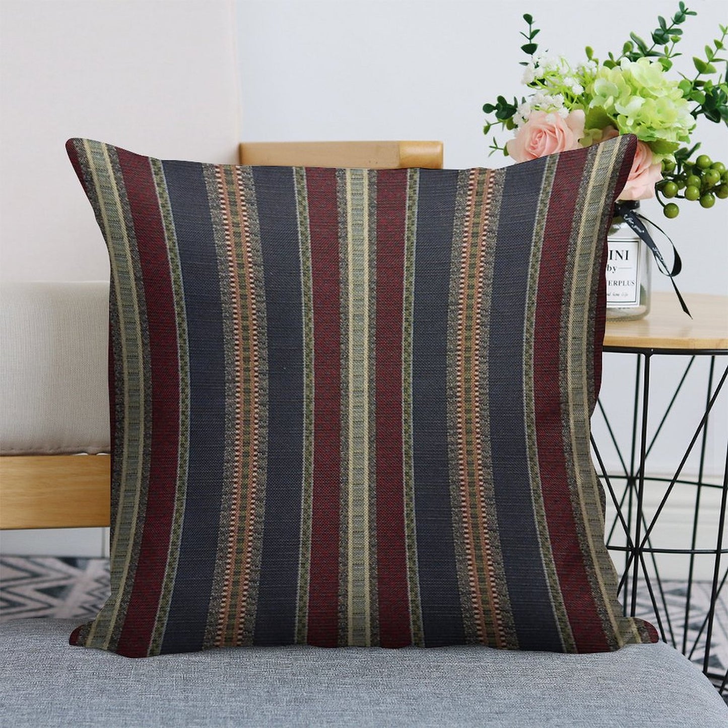 Navy Stripe Burgundy And Dark Blue Country Tapestry Linen Throw Pillow Cover