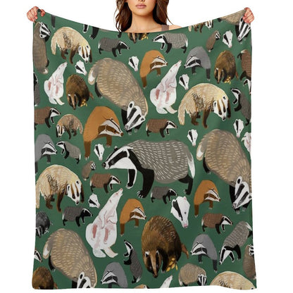 Eurasian Badgers Pattern Green Throw Blanket