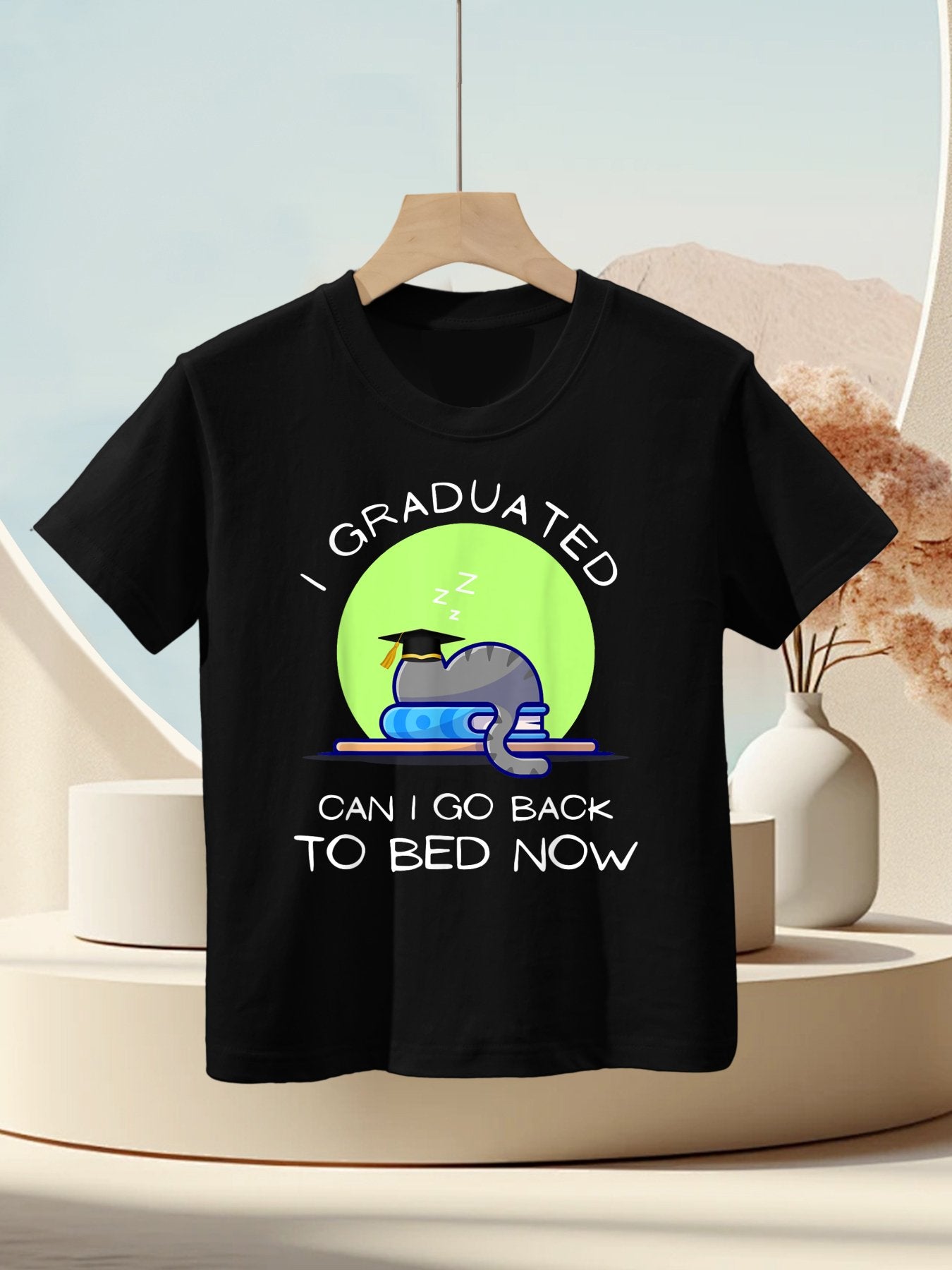 I Graduated Can I Go Back To Bed Now Funny Cat Graduation Kids T-Shirt