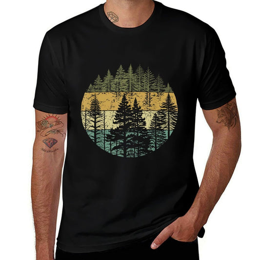 Retro Forest Trees Outdoors Nature Women Men Vintage Graphic  Rolled Sleeves T-Shirt