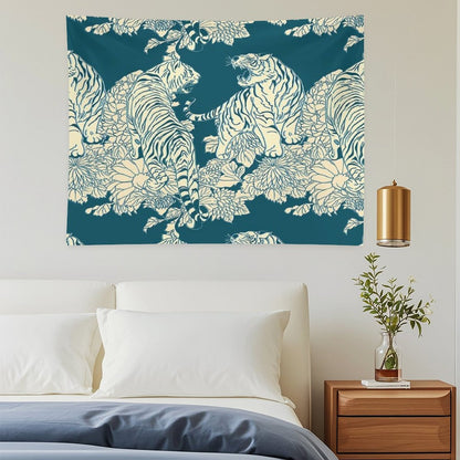 Teal And Cream Tigers And Flowers Tapestry