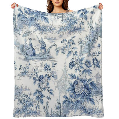 Powder Blue Chinoiserie Toile Throw Blanket