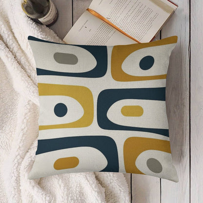 Mid Century Modern Piquet Abstract Minimalist Pattern in Navy Blue, Light And Dark Mustard, Grey, And White Linen Throw Pillow Cover