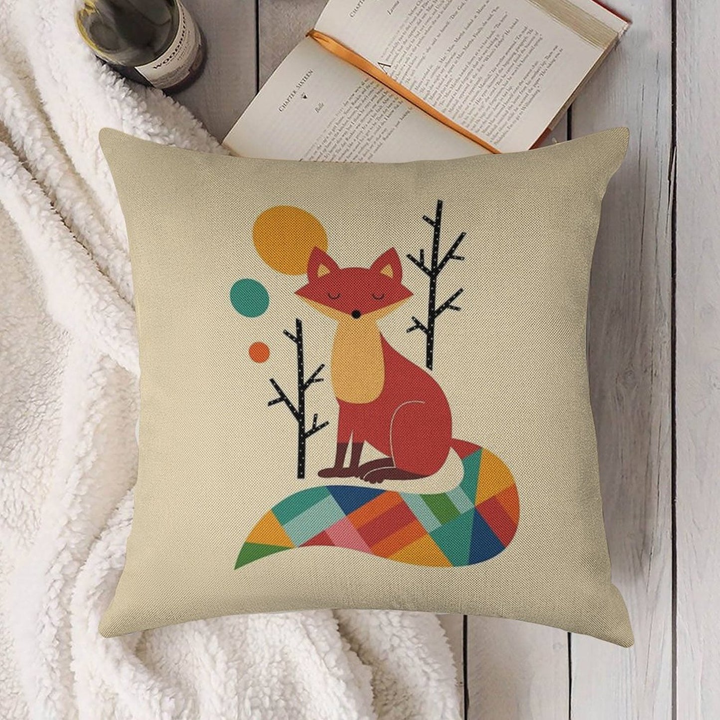 Rainbow Fox Linen Throw Pillow Cover