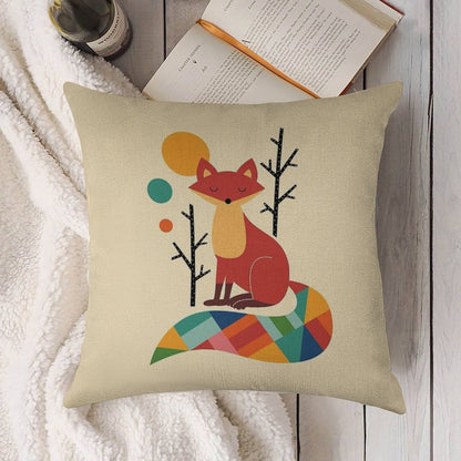 Rainbow Fox Linen Throw Pillow Cover