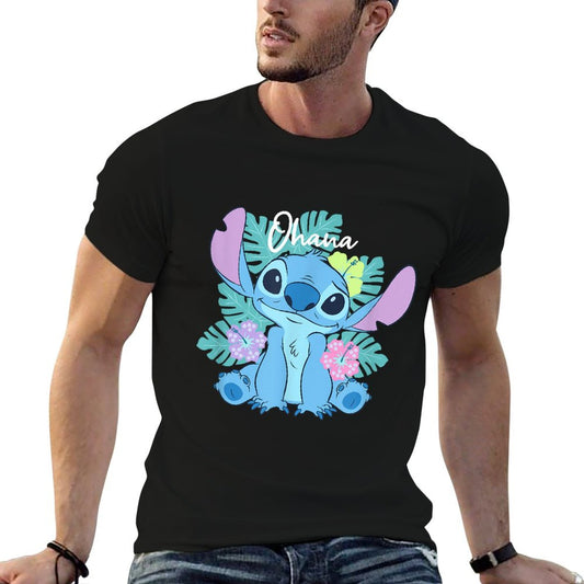 Lilo & Stitch Ohana Adorable Pose Floral Logo  Fade-proof Color T-Shirt
