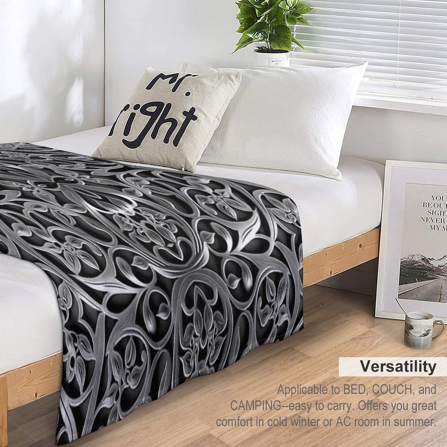 Luxurious Filigree Fern 3D Print - Silver And Black Designer Pattern for A Modern Classic Glam Home VI Throw Blanket