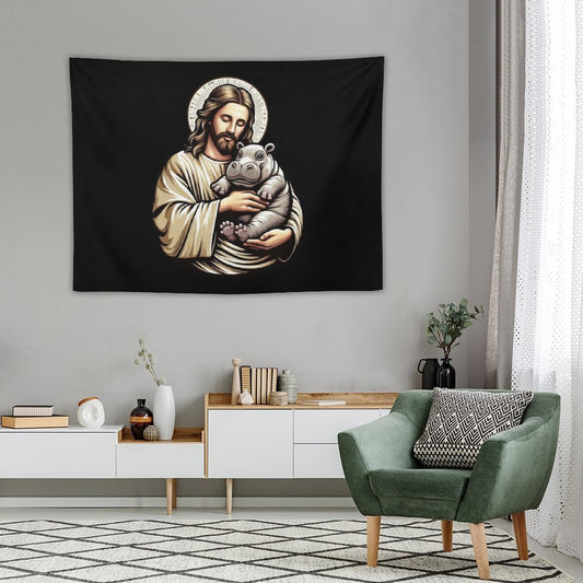 Jesus Loves Moo Deng Bouncy Pig Cute Baby Hippo Tapestry