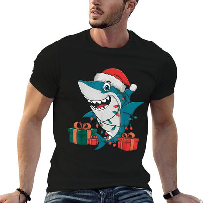 Xmas Lighting Santa Hat Shark Christmas  Fade-proof Color T-Shirt