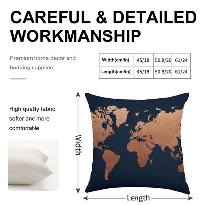 World Map - Navy Blue And Copper Linen Throw Pillow Cover