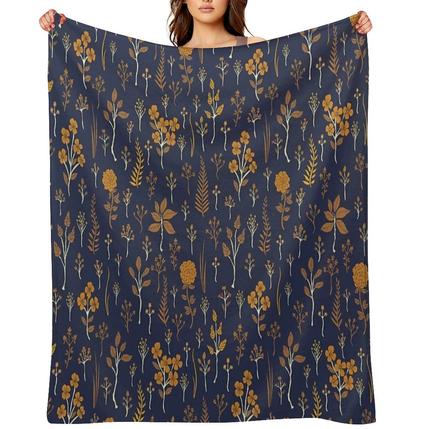 Navy Blue & Mustard Yellow Floral Pattern Throw Blanket