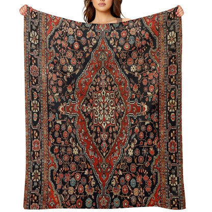 Persia Sarouk 19th Century Authentic Colorful Picture of A Vibrant Red And Black Rug Throw Blanket