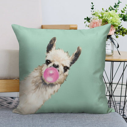 Bubble Gum Sneaky Llama in Green Linen Throw Pillow Cover