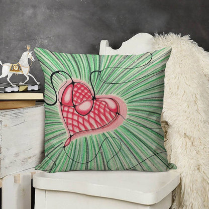 Heart Design with Green Background Linen Throw Pillow Cover
