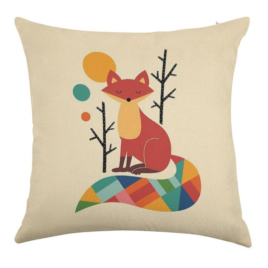 Rainbow Fox Linen Throw Pillow Cover