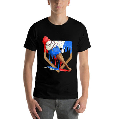 4th of July Red White And Blue Baseball Ice Cream Drip Boys  Oversized Silhouette T-Shirt
