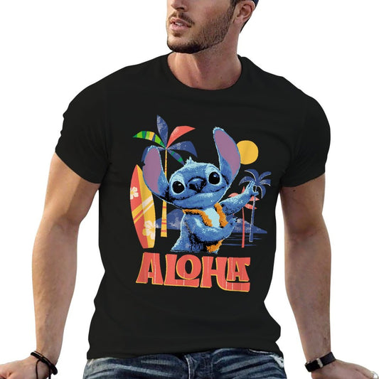 Disney Lilo & Stitch Aloha Hula Dance Distressed  Ribbed Collar T-Shirt