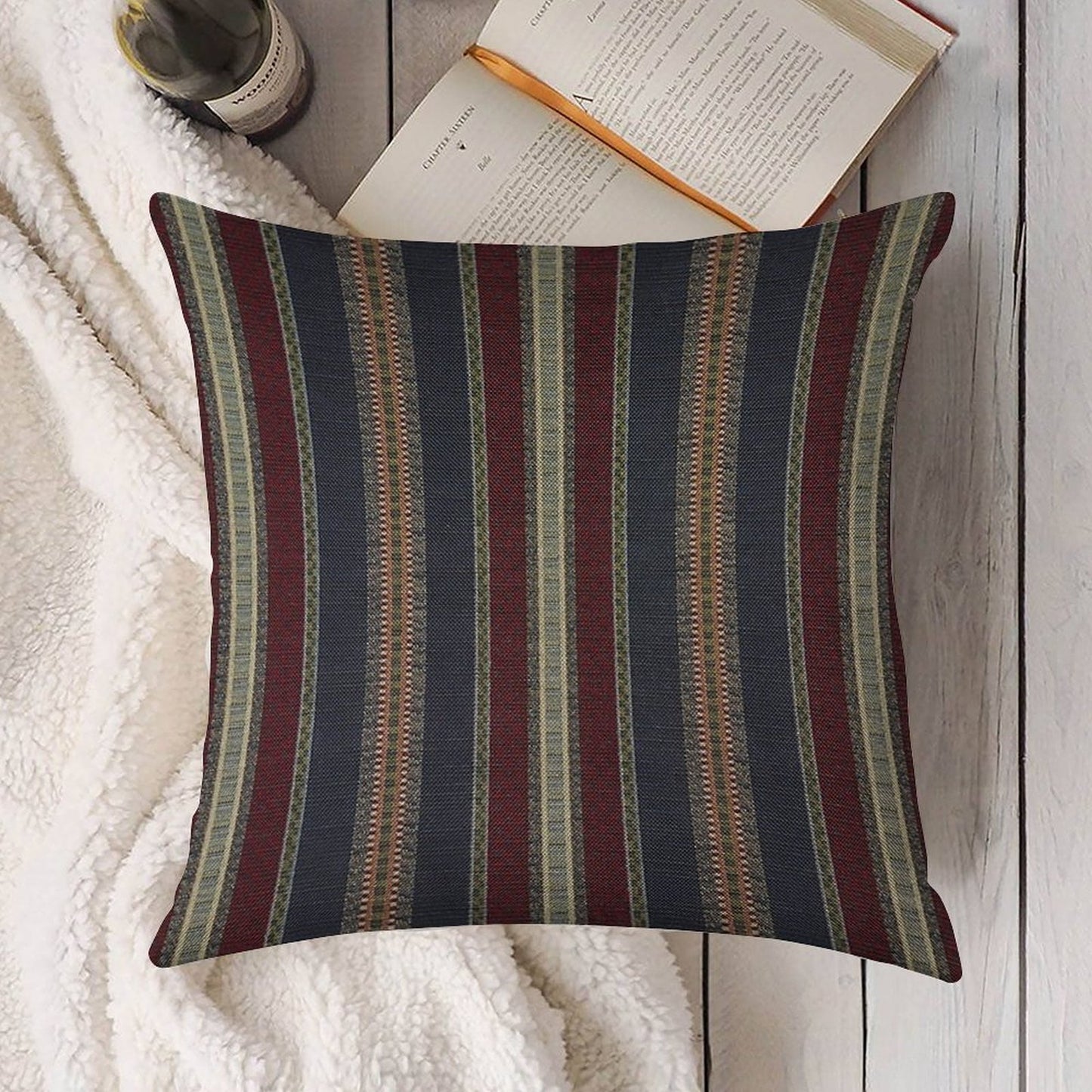 Navy Stripe Burgundy And Dark Blue Country Tapestry Linen Throw Pillow Cover