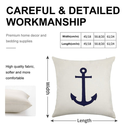 Navy Blue Anchor On White Linen Throw Pillow Cover